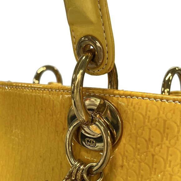 Auth DIOR/ChristianDior Lady Dior Medium/Trotter Yellow Patent Leather Handbag - Picture 10 of 16